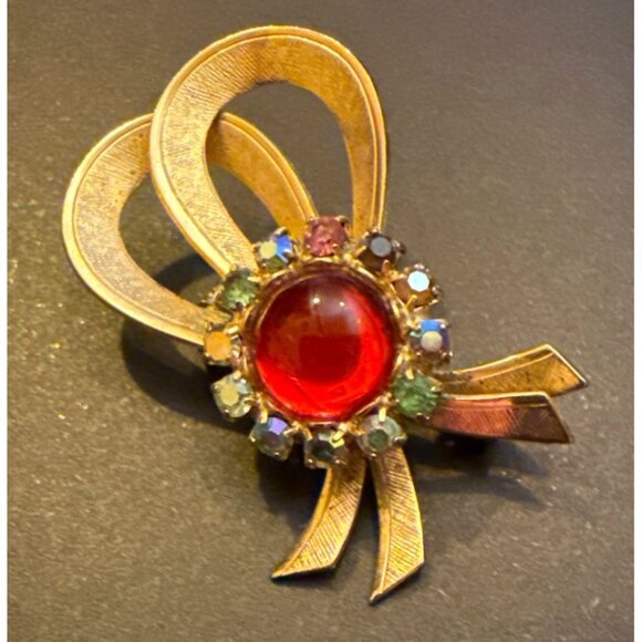 Vintage Jelly Belly Red Rhinestone Bow Brooch Pin Gold-Tone Metal With Multicolo - Picture 9 of 9